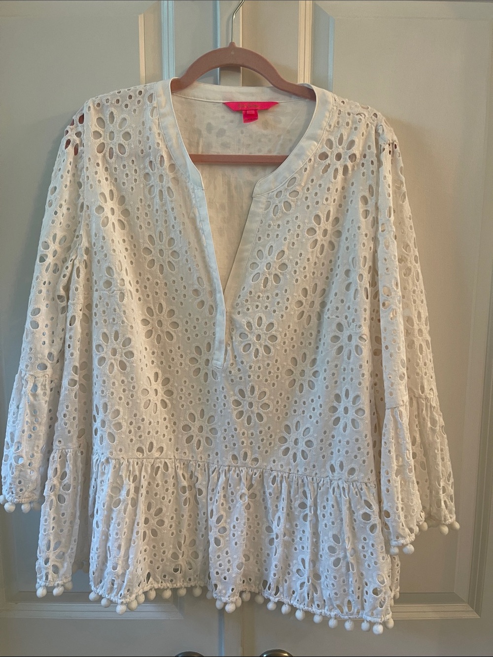 Lilly Pulitzer White Eyelet Pom-Trim Peasant Blouse